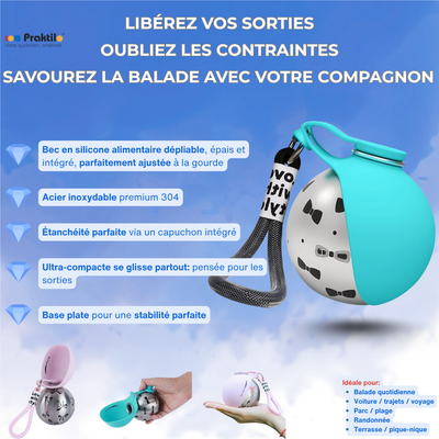 Gourde Sphère Nomade 2-en-1 - Pour chien et chat - En Acier Inoxydable 304 Silicone Alimentaire - 285 mL
