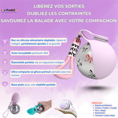 Gourde Sphère Nomade 2-en-1 - Pour chien et chat - En Acier Inoxydable 304 Silicone Alimentaire - 285 mL