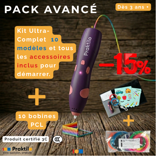 Pack avancé: Kit de démarrage + 10 bobines de filament PCL 50m couleurs vives