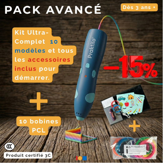 Pack avancé: Kit de démarrage + 10 bobines de filament PCL 50m couleurs vives